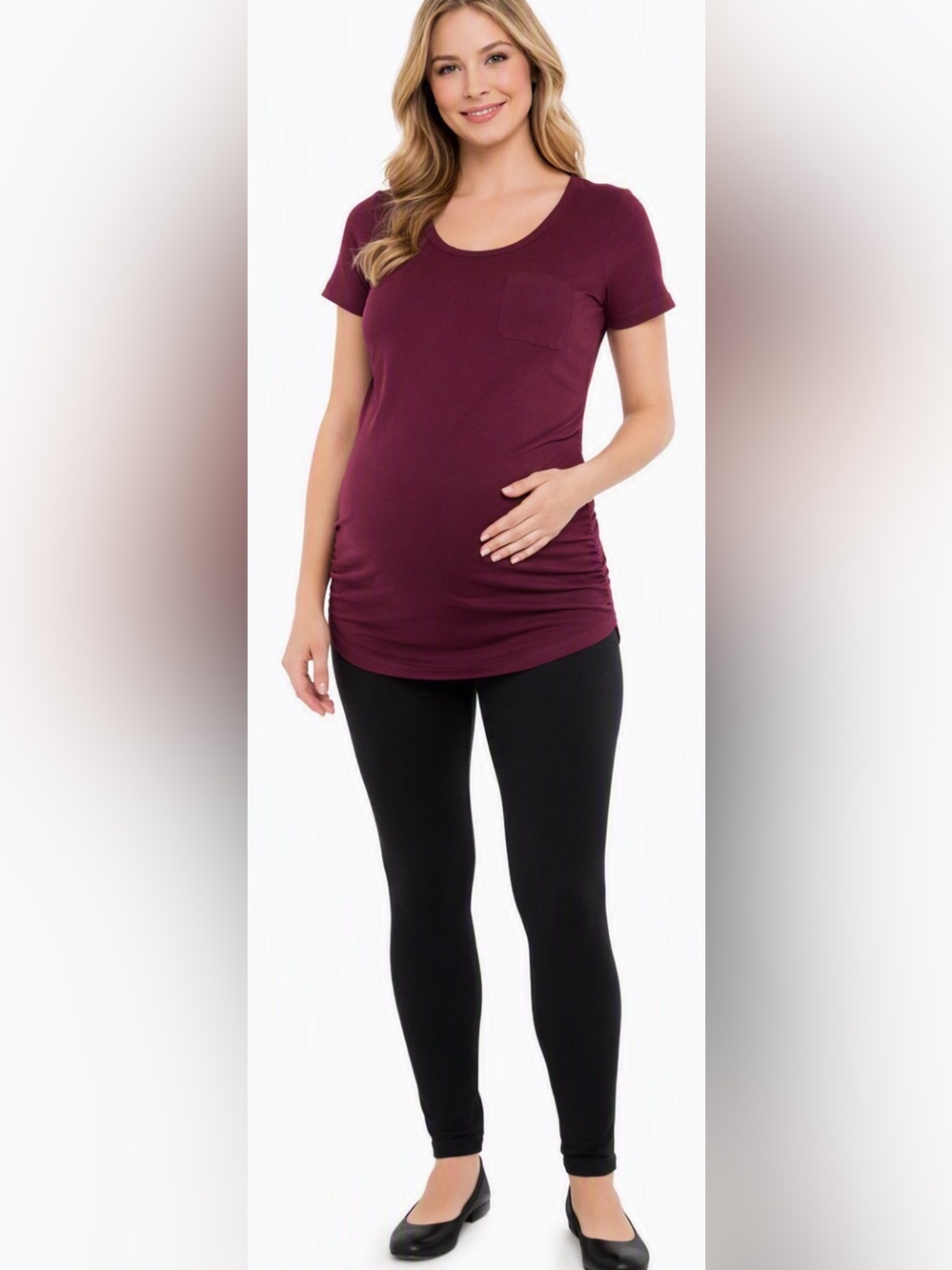 Ruby & Lace Maternity Womens Scoop Neck Pocket Tee in Cranberry Sz S